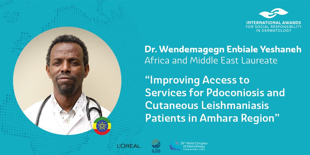 InspireSkinConf's tweet photo. @wcd2023sg @ILDSDerm @LOrealGroupe @eadv @CILADderma @imcascongress @AADskin @AADmember @asocolderma 🏆Africa and Middle East Laureate : Dr. Wondemagegn Enbialefrom Ethiopia with his project "Improving Access to Services for Podoconiosisand Cutaneous Leishmaniasis Patients in Amhara Region"

#WCD2023Singapore
#InspireSkinConfidence https://t.co/6BI1nKhtuk