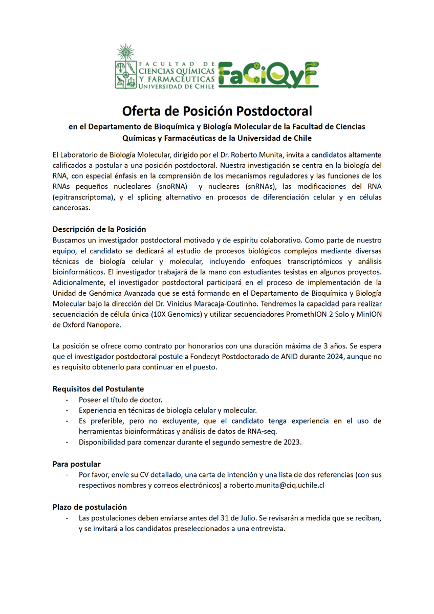 Estamos buscando un Postdoc! Por favor, ayúdenme a compartir esta oportunidad con sus contactos. Muchas gracias!