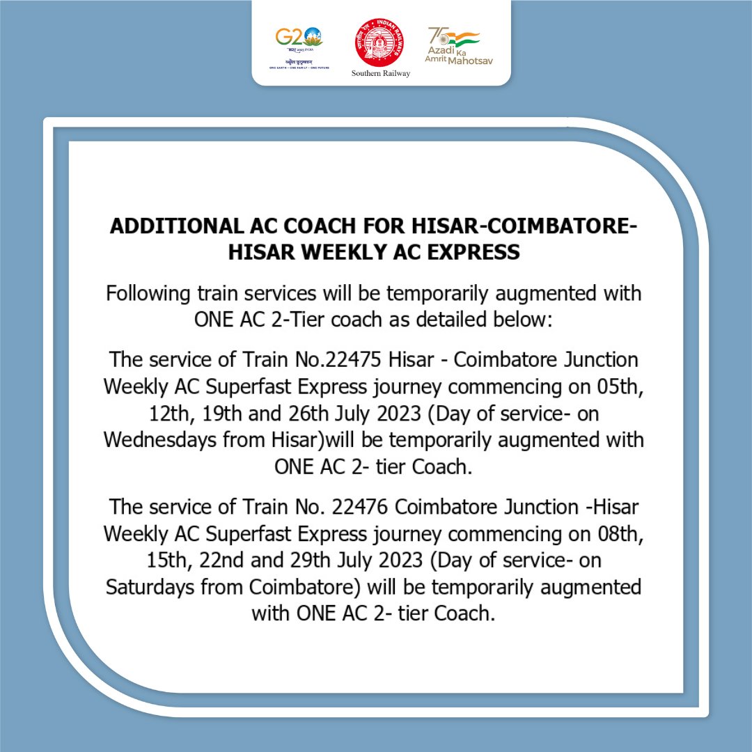 DRMPalghat's tweet photo. Passengers Attention Please,
The following train services will be temporarily augmented with one AC 2-tier coach commencing from July 05, 2023.
Stay updated to plan accordingly.
#DRMPalghat #SouthernRailway #Trainupdates #Trainservices #Railalerts https://t.co/WjjvWKF7Jb