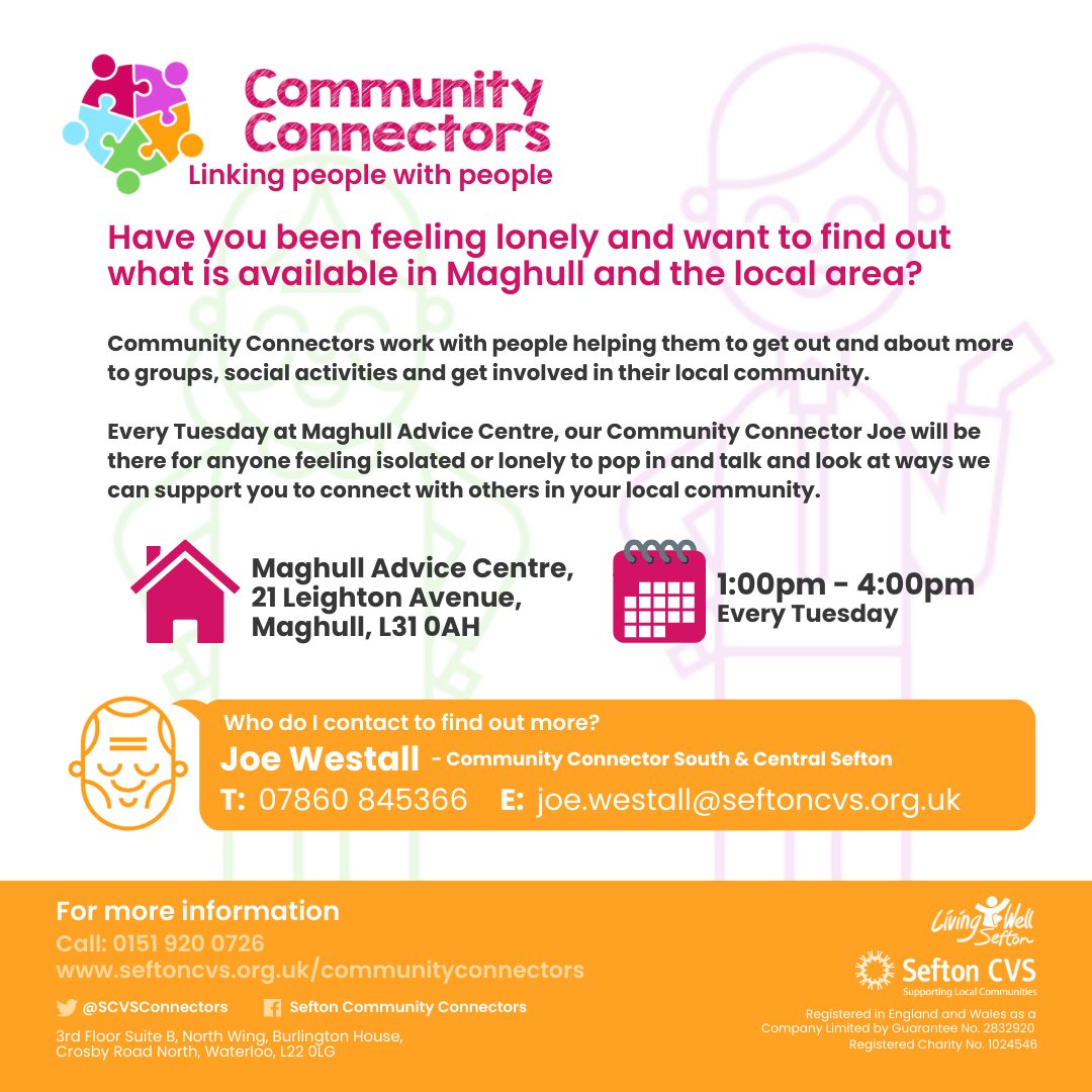 Do you live in Maghull or the surrounding area and want help with loneliness or isolation? Pop in for a chat with our South & Central @SCVSConnectors Joe at Maghull Advice Centre EVERY Tuesday between 1pm-4pm. @LWSefton @SPLW_Sefton @HWatchSefton More details below⬇️