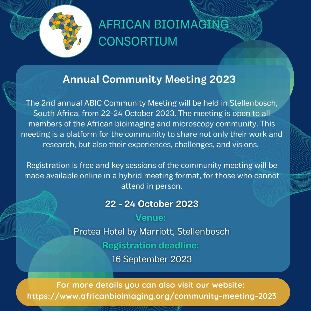 📣 Registrations for the 2nd annual ABIC Community Meeting, in Stellenbosch, South Africa, are still open. Please feel free to RT or share this image with your colleagues who may be interested in knowing more about what our young community has been up to!🌍🇿🇦 (1/2)