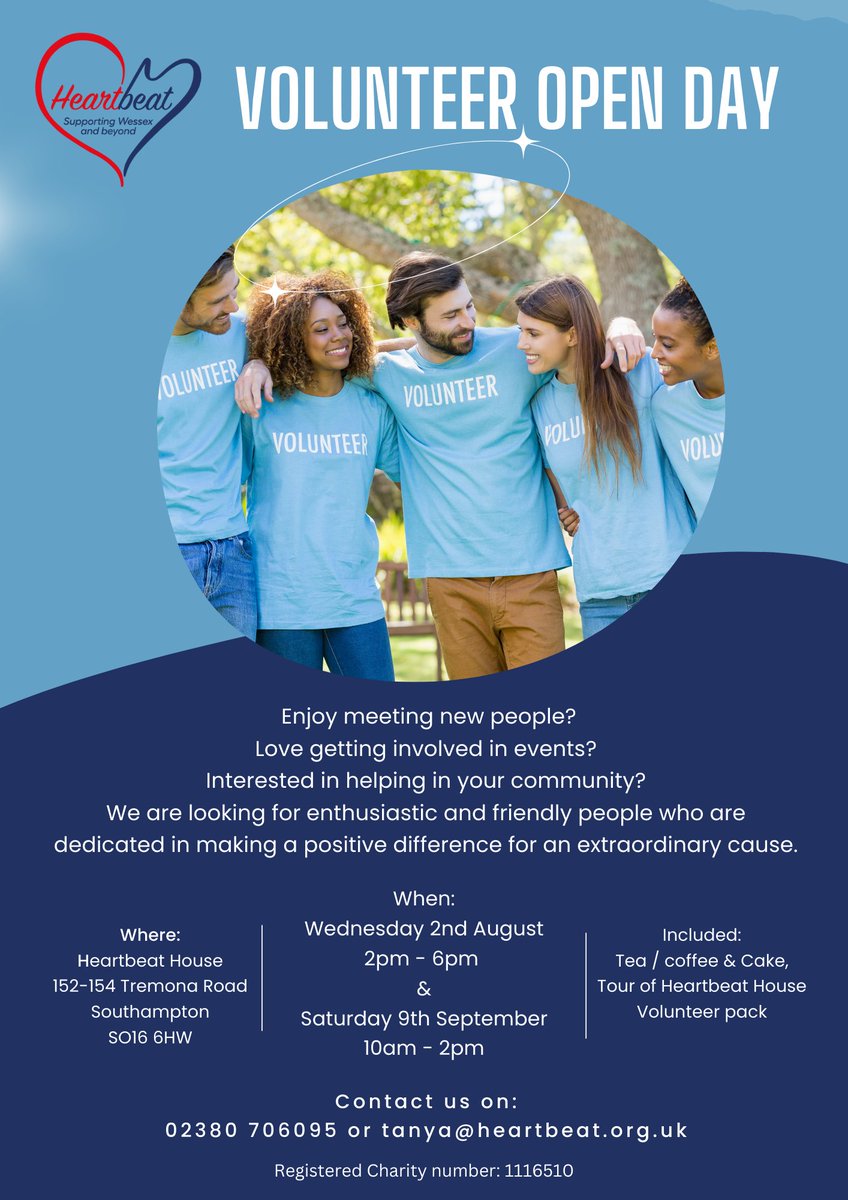 We are hosting not one, but TWO #volunteer open days!

👉 Wednesday 2nd August (2pm-6pm)
👉 Saturday 9th September (10am-2pm)
🏡 Heartbeat House

For more information, please call 02380 706095 or email tanya@heartbeat.org.uk