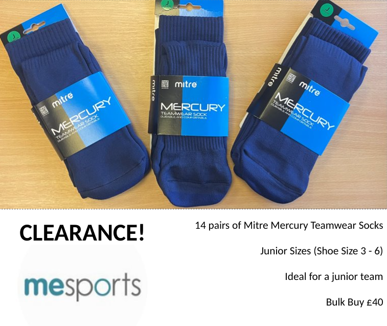 🎉 CLEARANCE! 🎉

14 pairs of Mitre Socks for £40!

Perfect for a youth team!

#sports #Sales