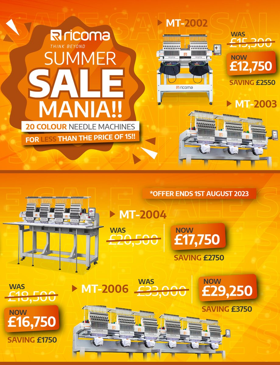 Our RICOMA Summer Sale Mania is now On!! 20 Colour Needles For Less Than The Price Of 15!! Click here shorturl.at/arNX3 Savings of up to £3750 - Offer Ends 1st August 2023 #ricoma #RicomaEmbroideryMachine #embroiderymachine #embroiderymachines #YesGroup