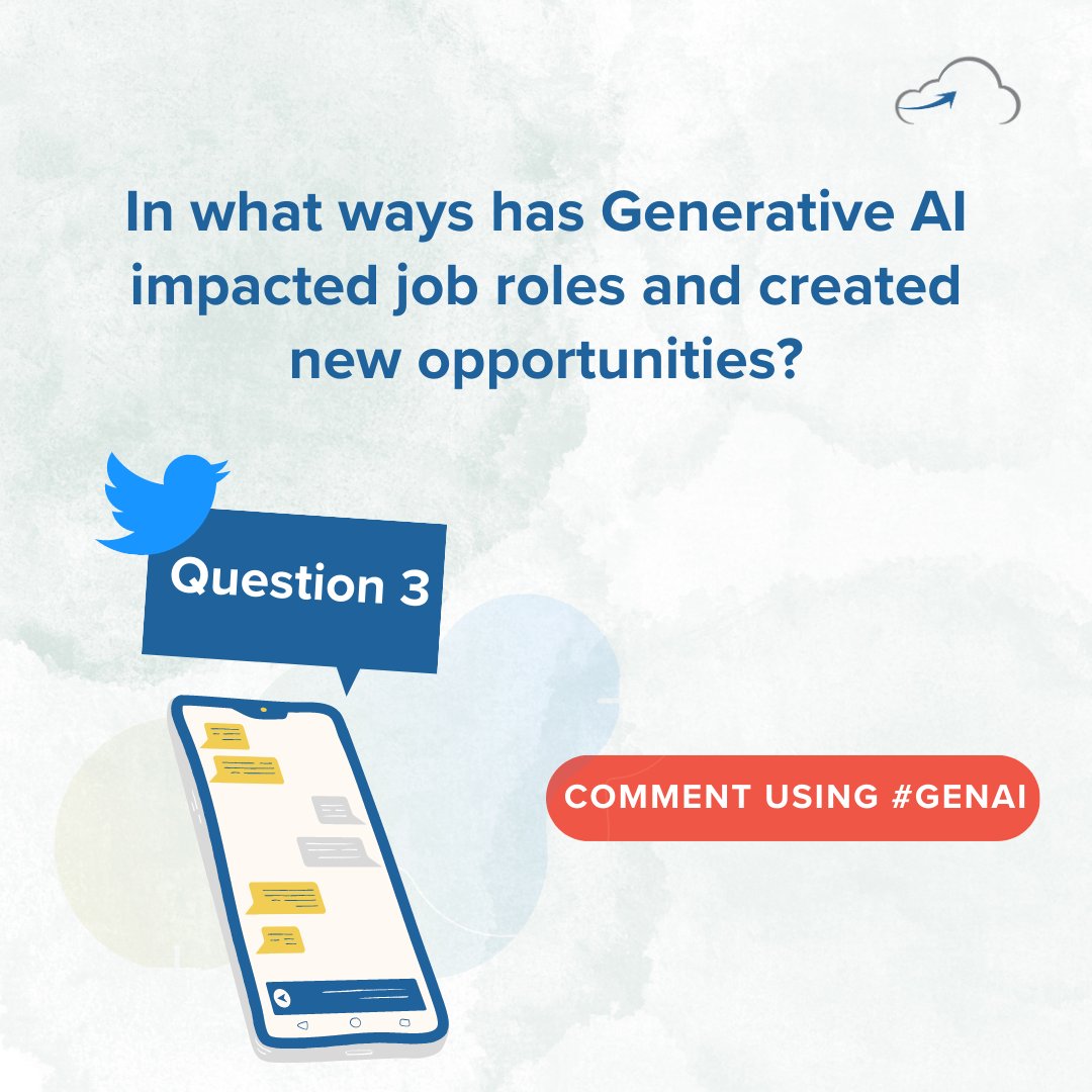 cloudthat's tweet photo. We are here with question 3!
In what ways has Generative AI impacted job roles and created new opportunities?

#GenAI #GenerativeAI #GenerativeAIContest #AIInnovationChallenge #WinWithGenerativeAI 
#InnovationContest #AIExcellence #ContestAlert #AIInspiration #FutureOfAI https://t.co/68P3fyZa90