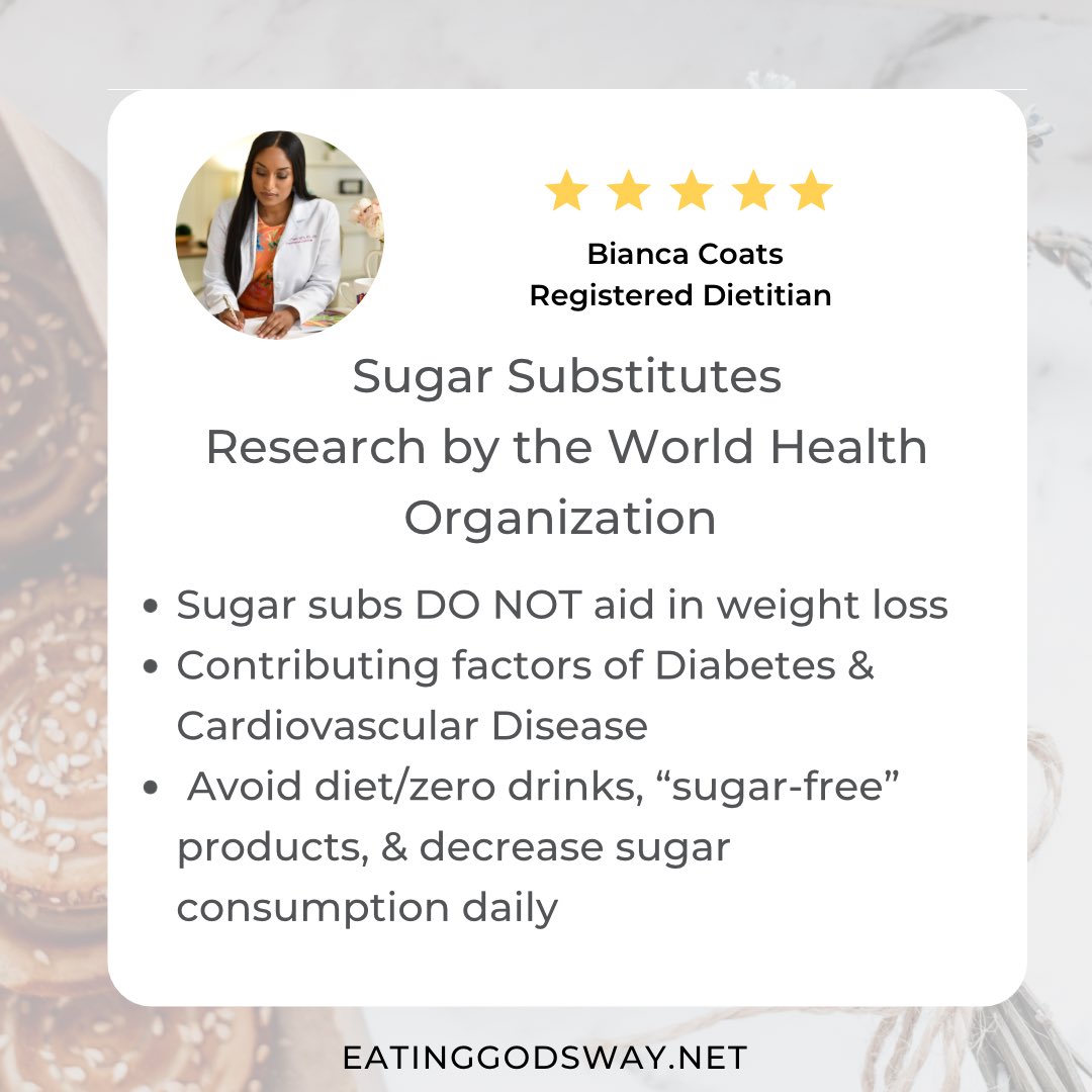 Are you on a weight loss journey? The World Health Organization (WHO) is strongly urging that non-sugar sweeteners should not be utilized to manage weight loss. Research is also showing that these sugars contribute to Diabetes &amp; Heart Disease #WHO #WHOguidelines #weightcontrol