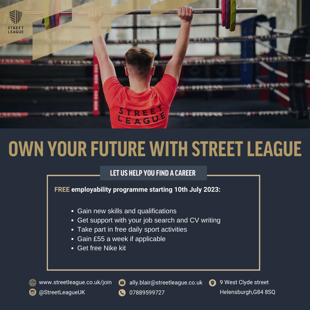 ‼️NEW PROGRAMME-HELENSBURGH‼️

10 week academy starting 10th July 

Are you looking for employment or support to get into college?

Want to meet new people ? Get Fit? Gain qualifications ? 

Get in touch today for more info 

#OwnYourFuture