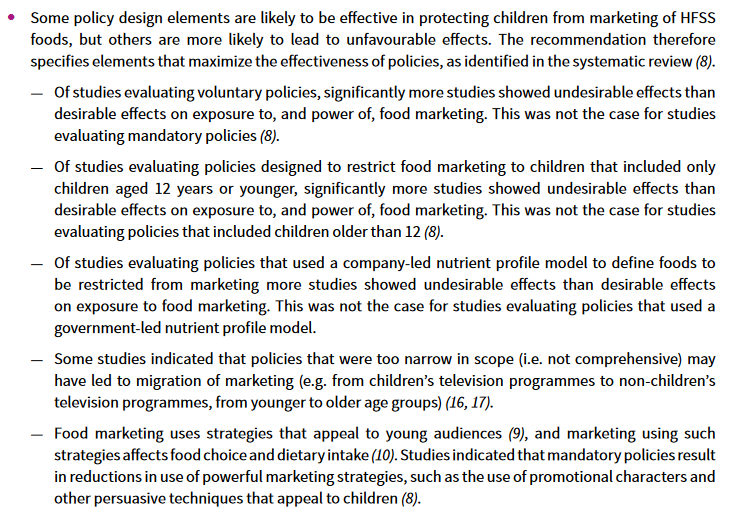 New WHO guideline on food marketing just out.

Particularly salient points on what doesn't work:
⚠️Voluntary actions
⚠️Rules which don't include teenagers
⚠️Letting food companies decide which foods are ok to push to kids
⚠️Rules only for kids tv progs

who.int/publications/i…