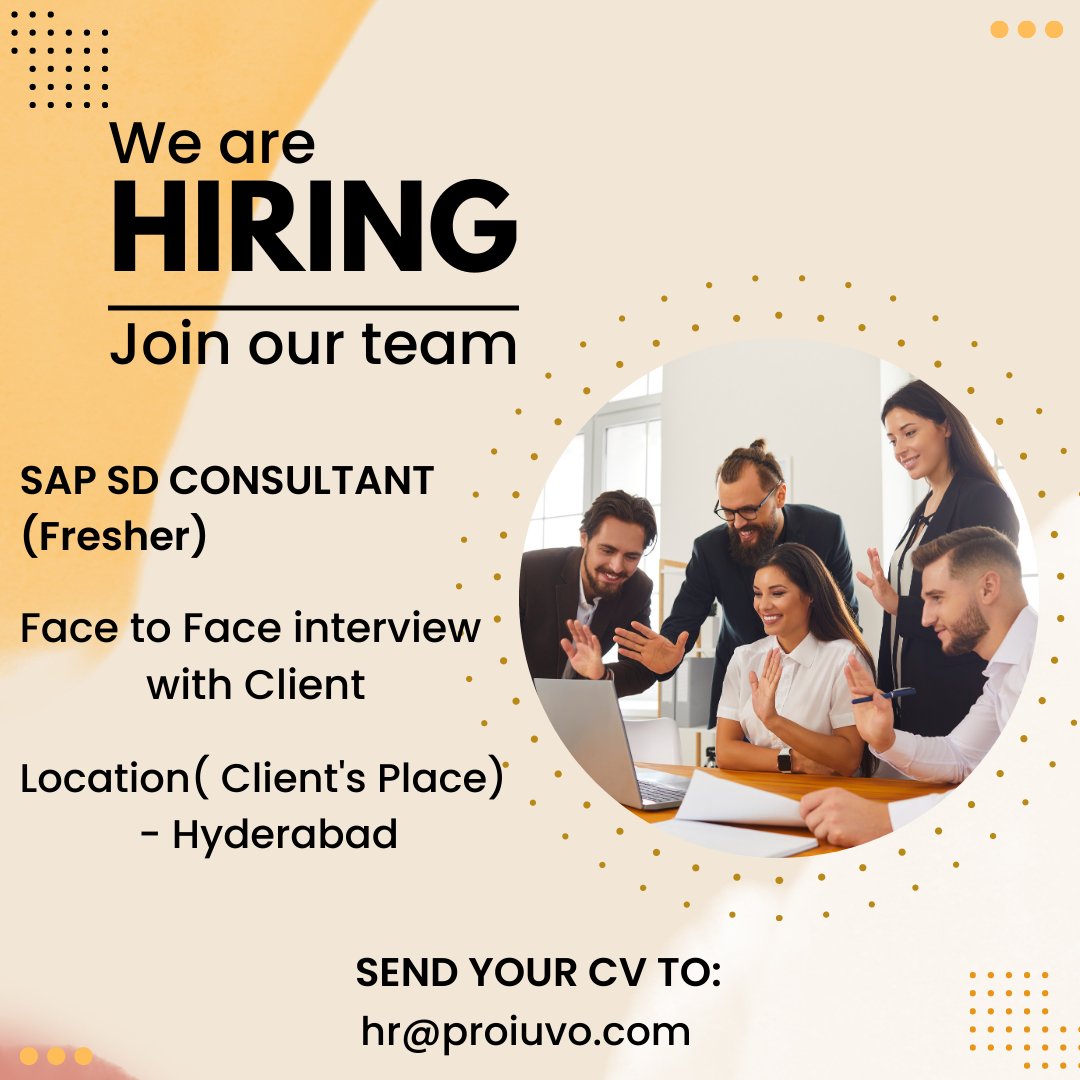 proiuvo's tweet image. We are hiring SD Freshers for our client location at Hyderabad.

If you are looking for a challenging and rewarding career opportunity, please send your resume to hr@proiuvo.com.

We will review your profile and get back to you soon.

#proiuvo #sap #sapsd #sapsdconsultants #hr