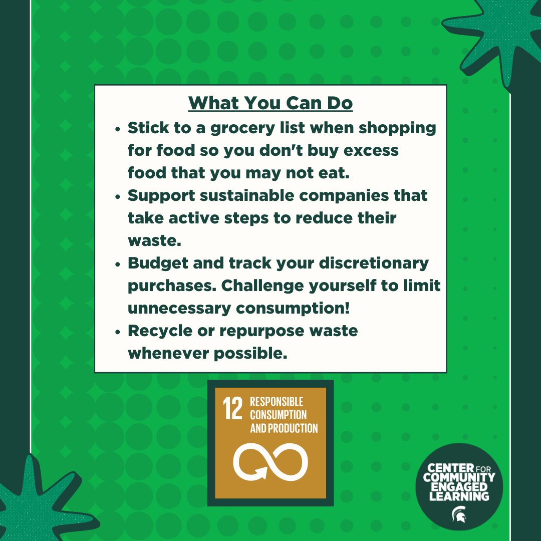 CCEL_at_MSU's tweet image. Are you familiar with UN Sustainable Development Goal 12: Responsible Consumption And Production? Swipe through this post to learn about it!

 #SustainableDevelopmentGoal12 #ResponsibleConsumption #SDG12 #ResponsibleProduction #SustainabilityGoals