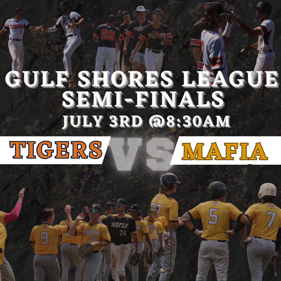 ‼️GSCL SEMI-FINALS ‼️
Tigers vs. Mafia starts at 8:30am on the practice fields at CoolToday Park 
Finals will be played 30 mins after conclusion of Semi-finals game
#ncaabaseball #collegeworldseries #collegebaseball #summerbaseball #mlbdraft #atlantabraves
athletesgolive.com/GulfShoresColl…