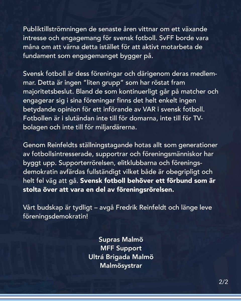 malmosystrar's tweet photo. Gemensamt uttalande angående Reinfeldts utspel kring införandet av VAR i svensk fotboll. https://t.co/XFlgOZdxSf