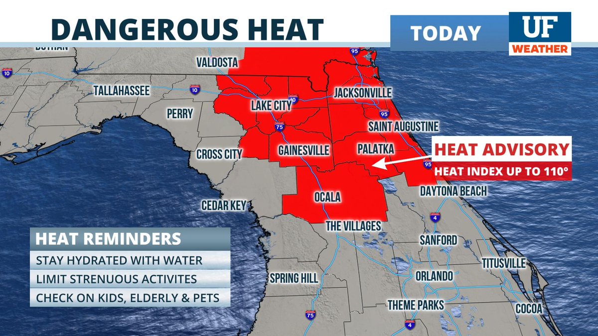 UFWeather's tweet photo. A Heat Advisory is posted for today as feels-like temps over 100⁰ are likely. Isolated afternoon and early evening storms are possible, but skies should be clearing for those skyrockets at Fanfares &amp; Fireworks 2023! https://t.co/dPA7tN4Pvi