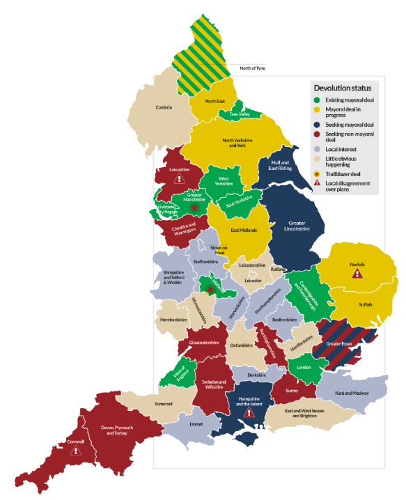 CatrionaRiddel1's tweet photo. Great map of current state of play for devolution deals across England published by @lgcplus today https://t.co/LQpVExFnqY