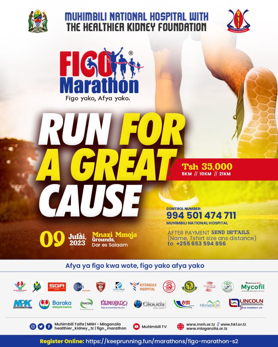 keeprunning_fun's tweet image. Figo Marathon msimu wa pili! Zimebaki siku 6 kuelekea mbio zetu, je umeshajisajili? Kama bado unasubiria nini? jisajili kupitia tovuti yetu ya keeprunning.fun/marathons/figo… 
Kit collection ni pale hospitali ya taifa ya Muhimbili na Mlimani City Mall kwanzia Asubuhi mpka jioni.