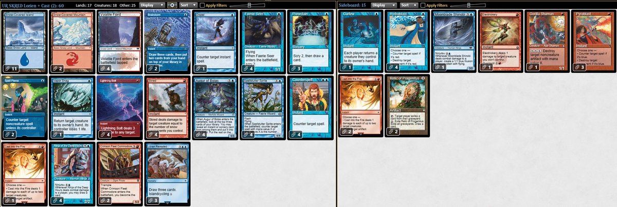 5-0 Com Skred! Trials with Lorien are promising. It's very good to draw lands with the augur. Cast into Fire is an honest answer to Kenku MD and is more useful than the shattering blow on the side. Working for use 4 Lorien MD and ajust lands count