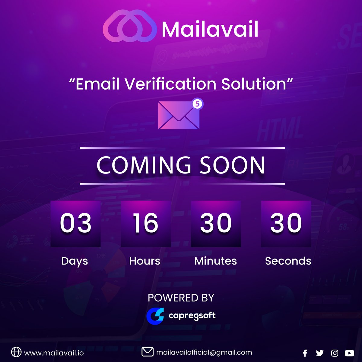 The upcoming launch of Mailavail, a state-of-the-art email verification software designed to revolutionize your email marketing campaigns. With its advanced algorithms #emailverification #mailavail  #Email #marketingtool #softwaredevelopment #capregsoftteam #commingsoon.