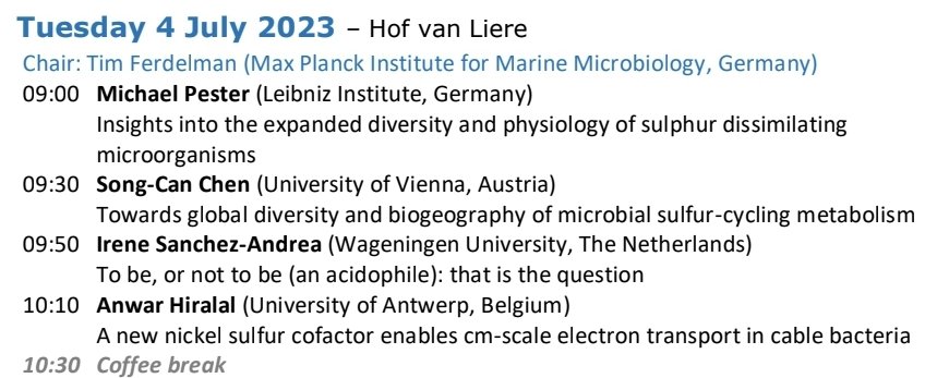 SanchezAndreaI's tweet photo. Excited on my way to #ISMSM-6 in Antwerp, once of my top conferences. #sulfur, #microbes, colleagues, and belgium beer. Can't get better! Tomorrow some insights into #lowpH limits for #sulfatereducingbacteria, and next day into #disproportionation with @annapatricyafs. https://t.co/jPzPzG5aiC