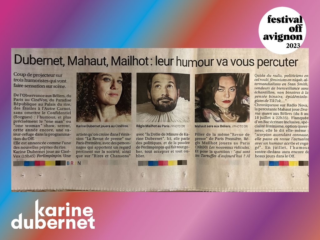 KarineDubernet's tweet photo. Merci @laprovence !!! RV à #Avignon ! https://t.co/kacQIHGFj6
#AvignonOff #avignon2023 #avignonleoff #Perlimpinpin ✨ https://t.co/GZXCbZdv5E