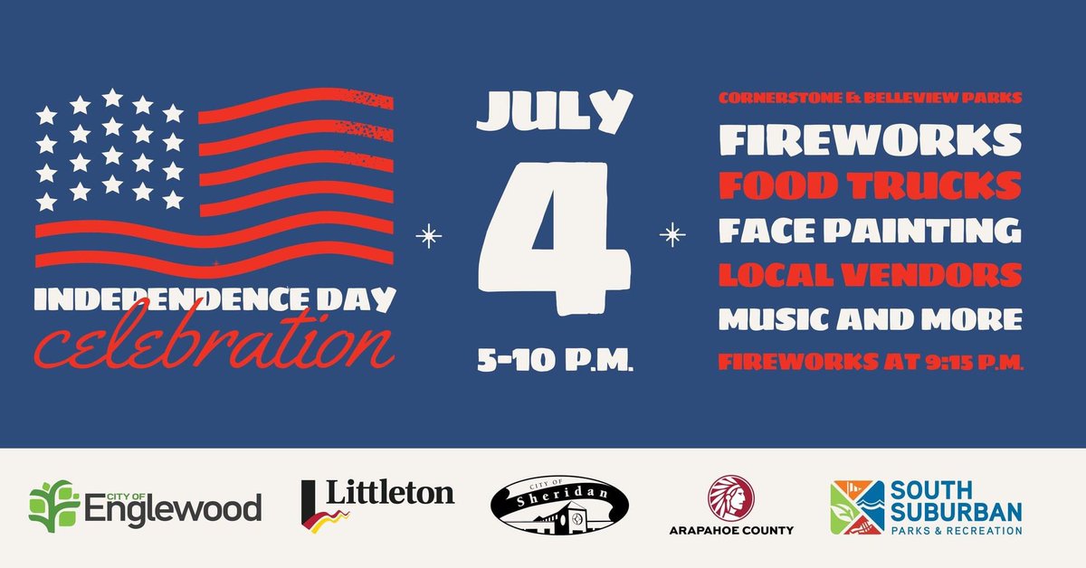 Independence Day 4th of July! Bring your friends and family to Belleview Park and Cornerstone Park from 5 – 10 p.m. for an evening of fireworks, food trucks, local vendors, music and endless fun! Don't miss out on this amazing celebration.  #englewoodco