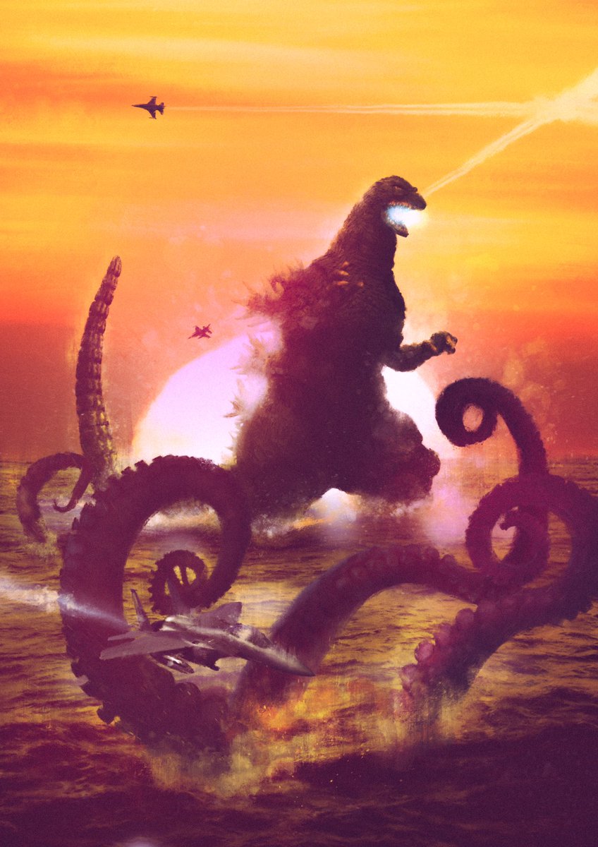 Worked with an 11 y/o lad on this. I asked him to doodle the composition, then asked if he thought it may want more elements… kraken, fighter jets and plasma breath. Makes for one busy image 😂 #Godzilla