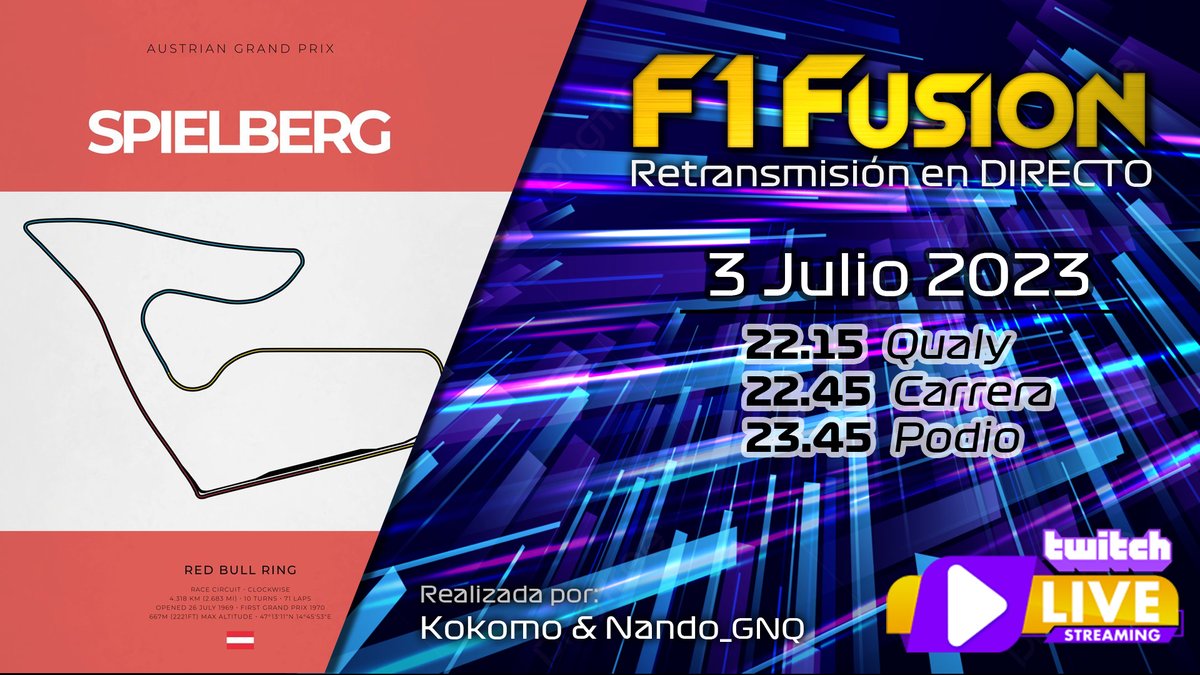 ¡Empieza el mes de Julio non-stop de carreras!☀️🥵camino de Austria al trazado del Red Bull Ring 🇦🇹 Sigue la retransmisión en directo esta noche a partir de las 22h! 📷twitch.tv/F1Fusion