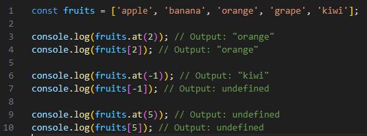 bull_times_'s tweet image. JS array `at`: Just like accessing an item with index with [] but we can access the items from last using `at` with negative indexes like array.at(-1) , we cannot write array[-1]. In JS perf, `at` found to be a bit faster too #JavaScript, #JSArray