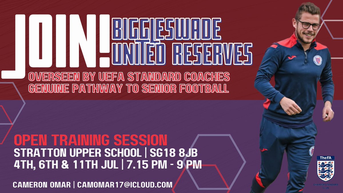 🔴🔵 JOIN US 🔵🔴

Head down to Stratton School if you're interested in joining us. We have open training sessions on the 4th, 6th and 11th July - get in touch with <a href="/CameronOmar/">Cameron Omar</a> at the email below for any more information.

<a href="/Biggleswadeutd/">Biggleswade United</a> <a href="/SecBiggleswadeU/">SecBiggleswadeutd</a>