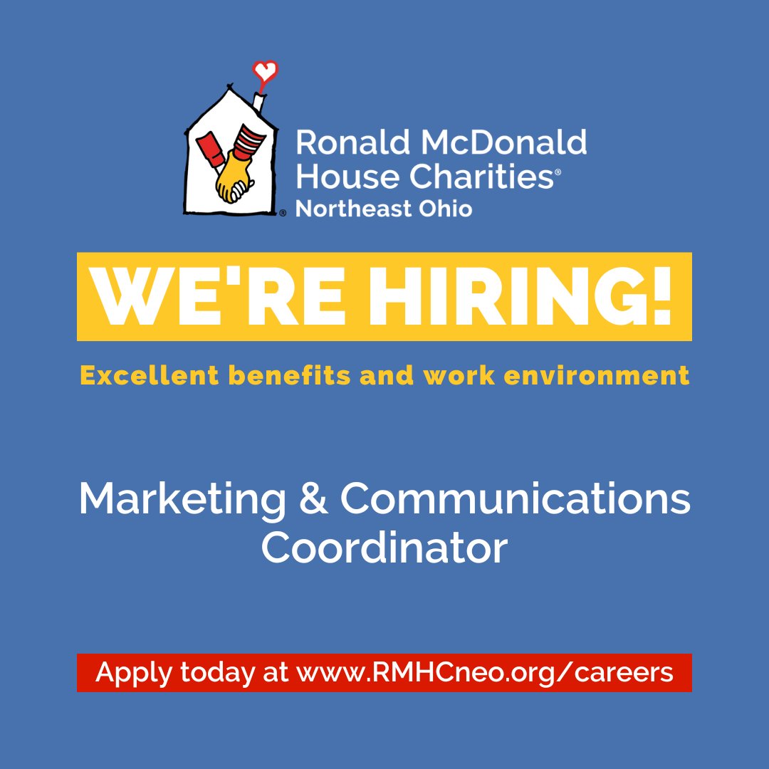 RMHC Northeast Ohio (@rmhcneo) on Twitter photo Come join our Marketing and Communications team!
We are searching for a Marketing and Communications Coordinator.
This position offers excellent benefits and work-life balance.
For more information, visit RMHCneo.org/careers Come join our Marketing and Communications team!
We are searching for a Marketing and Communications Coordinator.
This position offers excellent benefits and work-life balance.
For more information, visit RMHCneo.org/careers