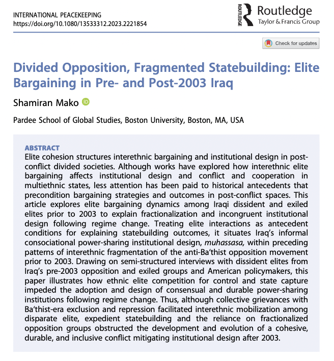 The next article published in the special issue we are editing on 20 years since the US invasion of #Iraq is from our great colleague @shamiranmako. It examines pre-2003 dynamics to understand the creation & operation of the current political system. rb.gy/4iwtw