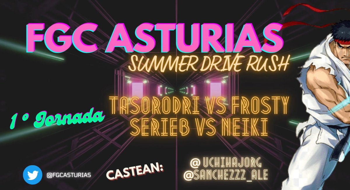 ¡Hoy inauguramos la liga comunitaria de Asturias: Summer Driver Rush!

Arrancamos con la primera jornada con los siguientes partidos:
<a href="/Tasorodri/">Taso Rodríguez</a> vs <a href="/frostyfgc13/">Frosty</a> 
SerieB vs <a href="/Neikiii/">Neiki</a> 

Nos vemos a las 22:30 en nuestro canal de Twitch
twitch.tv/fgcasturias