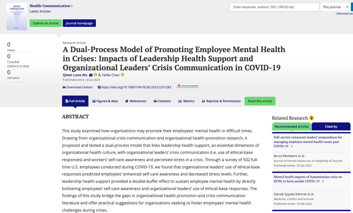 HCeditorialteam's tweet photo. Latest Research in HC
A Dual-Process Model of Promoting Employee #MentalHealth in Crises: Impacts of Leadership Health Support and Organizational Leaders’ #CrisisCommunication in #COVID-19 @CLE_State @Magicaluna1 
https://t.co/AThcuoBh83 https://t.co/b2Eueciv4P