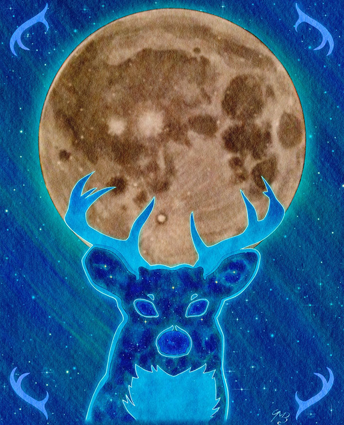 The 13 moons are how some Ininew communities in northern and central Manitoba saw events, weather patterns, animal behaviour, and plants/medicines in relation to the full moon.

July’s full moon is called the Buck Moon because deer’s antlers have matured by this time of year.