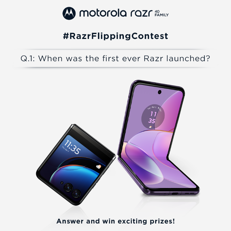 motorolaindia's tweet photo. #ContestAlert To all those watching the #MotorolaRazr Launch event, here’s your chance to win big! Answer in the comments below and like the live stream of the event. Answer correctly and get exciting prizes. Don’t forget to use the #RazrRevolution2023 and #RazrQuizMania