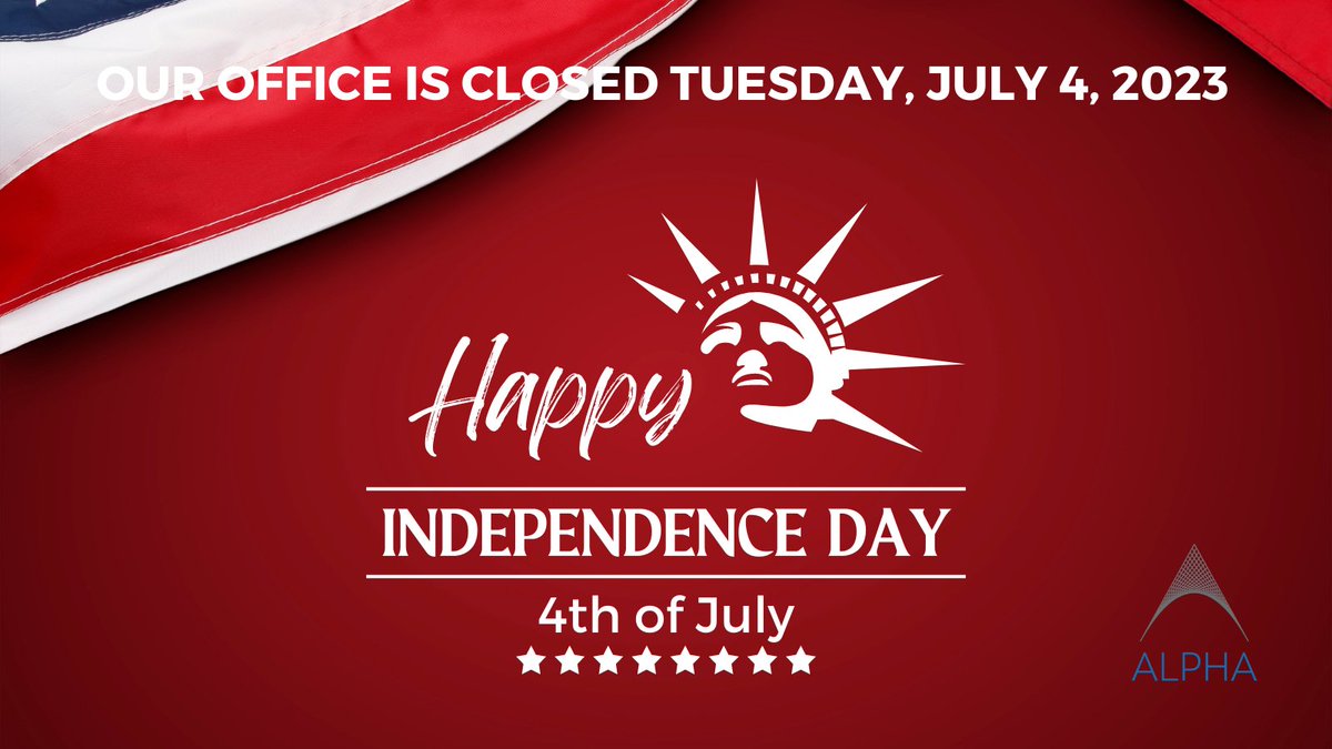 Our office will be closing at 3:00 pm Eastern time today and Tuesday, July 4, 2023 in commemoration of the Independence Day holiday. We will resume office hours Thursday, July 5, 2023 at 8:00 am Eastern. Enjoy the holiday!

#ALPHAmbe #DiversityatWork #happyindependenceday