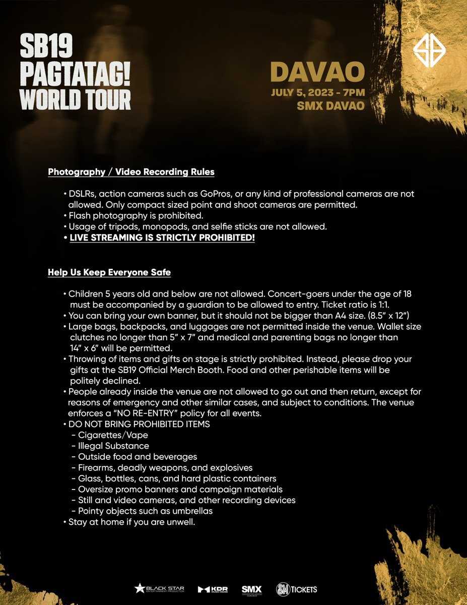 SB19Official's tweet photo. ⚠️ Take note of our venue guidelines for the #PAGTATAGWorldTourDavao concert!

#SB19 #PAGTATAG #SB19PAGTATAG #PAGTATAGWorldTour https://t.co/lYWf6k7BBc