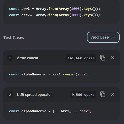 bull_times_'s tweet image. JS array concat is much faster than ES6 spread operator. #javaScript , #JSArray