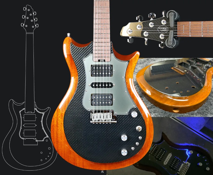 GenGuitarStudio's tweet photo. コンセプトギター #G1-TB の開発は2021年、新素材 #CFaRP の開発と並行して丸一年かけて行われました。

「○○に似てるね！」との感想が、関係者の中で意外とバラバラなのが��白いところです。

皆さんはどのメーカーのどのモデルに似てると思いますか？ https://t.co/S8PIEjOcCB