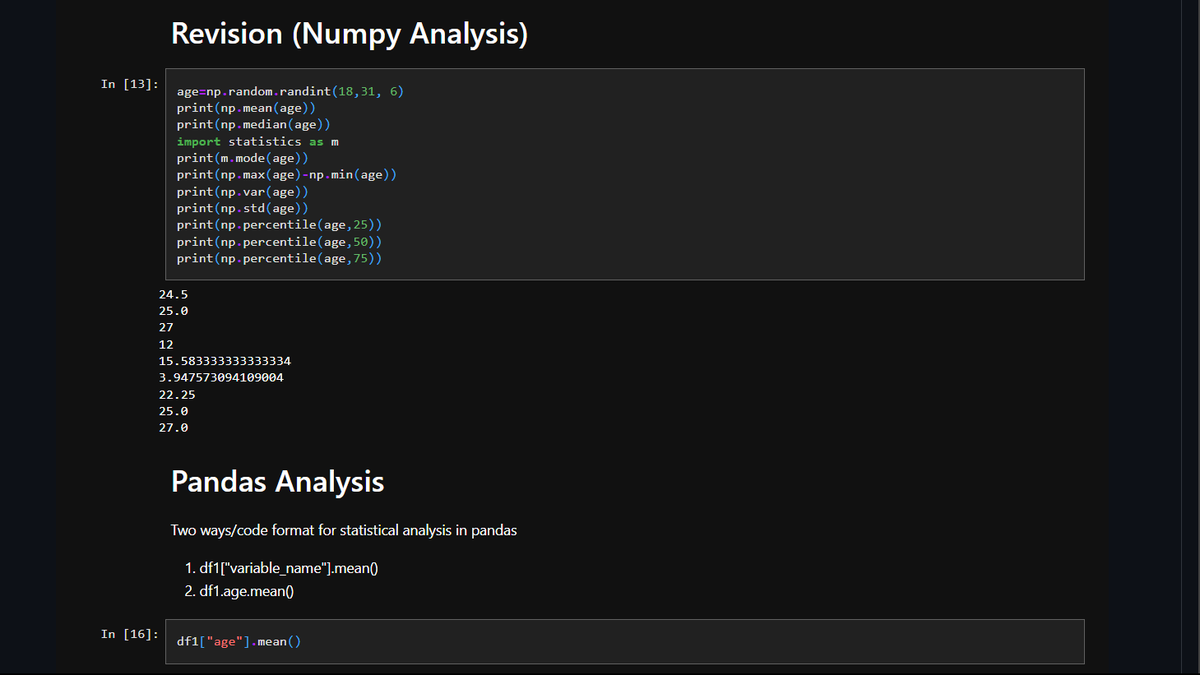 ArunSingh316's tweet photo. Day 33 of 60: Statistical Analysis Using Python  
Today I revised some exercises on statistical analysis using Python libraries like Numpy and Pandas. #60DaysOfLearning2023 
#LearningWithLeapfrog
 #LSPPD32 
@lftechnology https://t.co/bQP60WKtFI