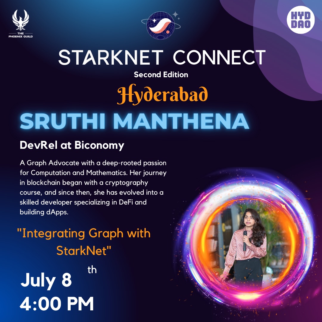 hyderabaddao's tweet photo. 📢 Introducing our first speaker for the @Starknet Connect #Hyderabad Second Edition happening on July 8th✨

We're glad to have @Sruthi_2408, a Graph Advocate &amp; DevRel Engineer at Biconomy as a Speaker for "Integrating Graph with StarkNet"  session! 🚀

👉https://t.co/T3hbUUZfzu https://t.co/7kDGlArwHE