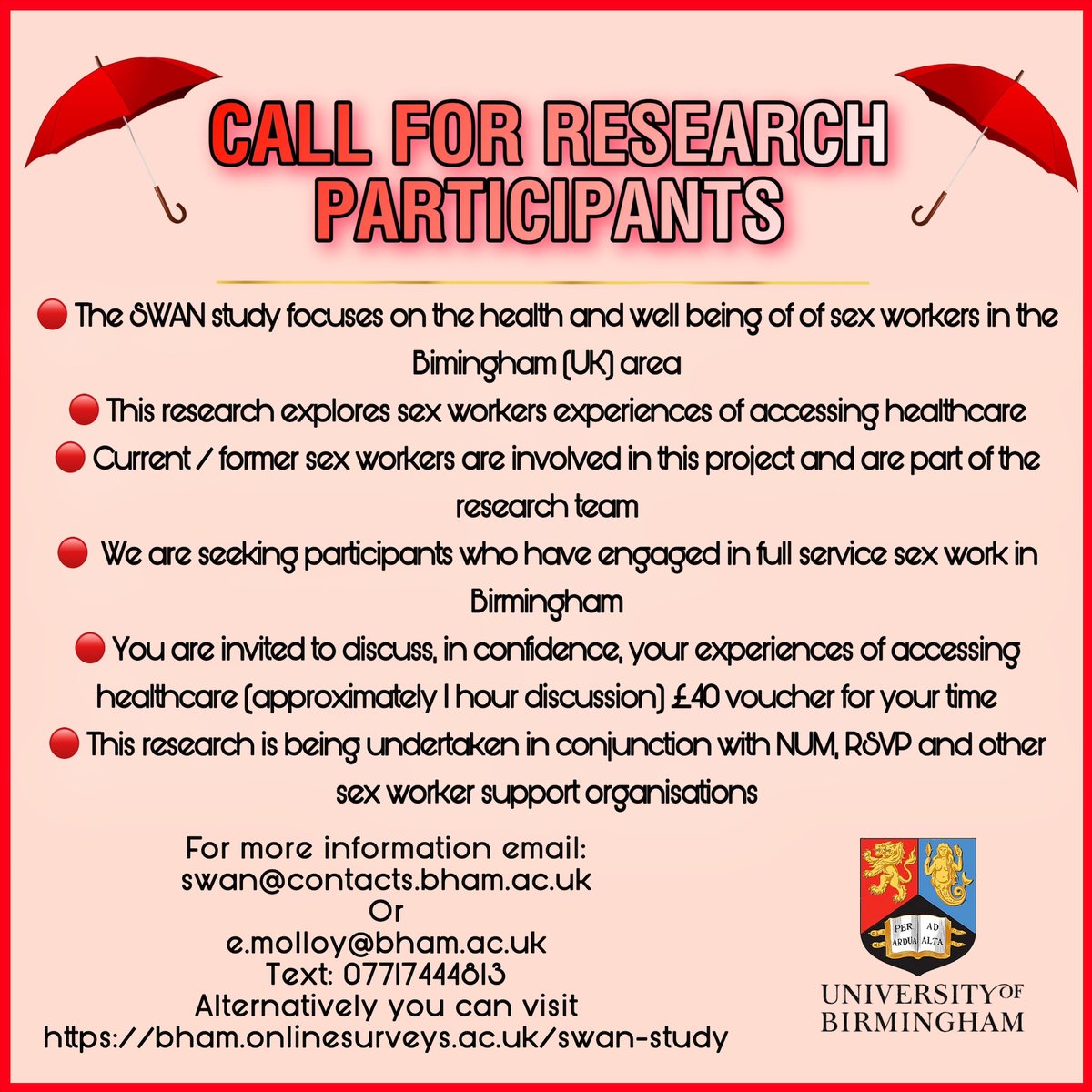 Exciting developments in the #SWANStudy. The team are looking for people who have been engaged in sex work in Birmingham to complete a survey about their experiences of healthcare: bham.onlinesurveys.ac.uk/swan-study and/or to be interviewed <a href="/el_mo1331/">Dr El Molloy (PhD) (She/Her/Hers)</a> @jones_bradbury <a href="/dr_nutmeg/">Dr Nutmeg Hallett</a> <a href="/JohtChandan/">Professor Joht Singh Chandan</a>