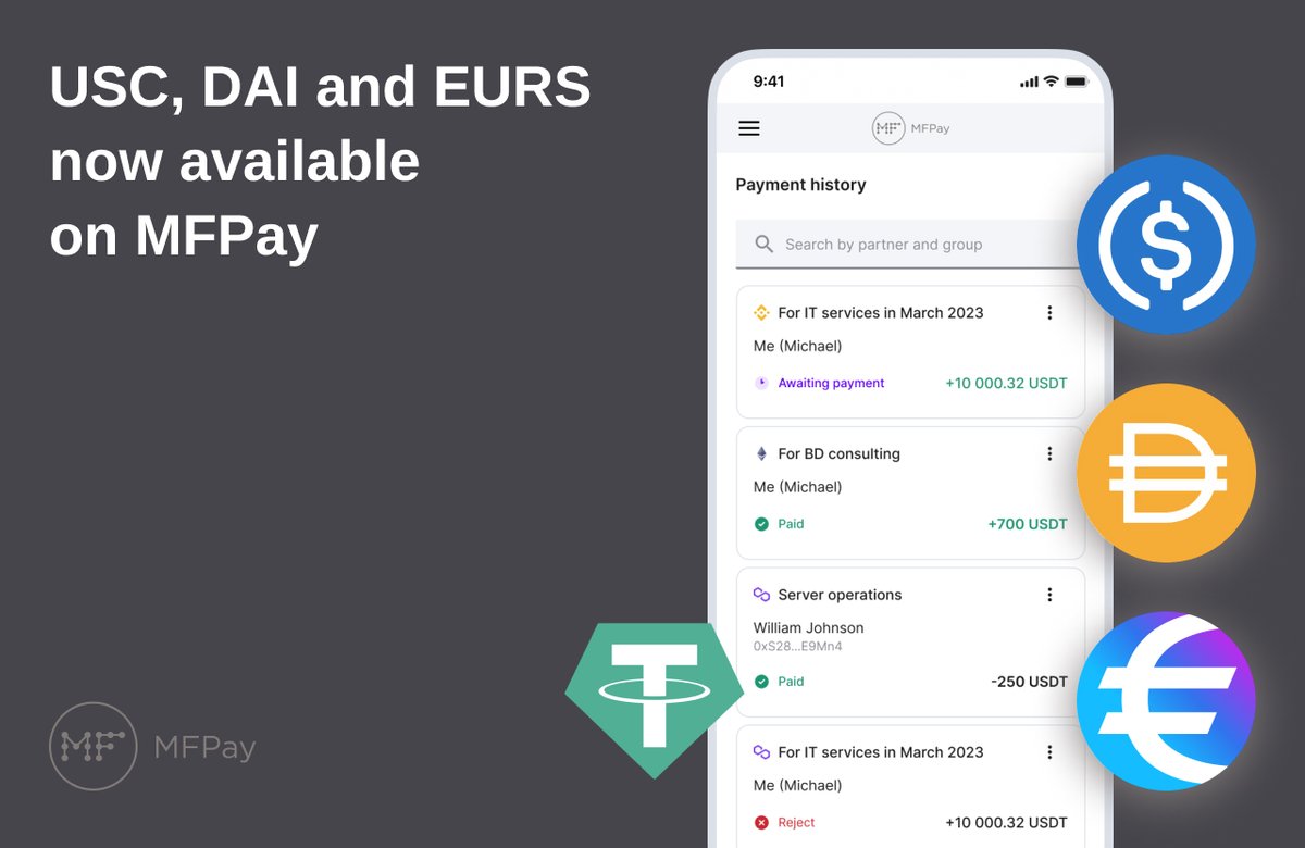 mfpaydao's tweet image. A major update to MFPay went live at the end of June! In addition to USDT, other popular #stablecoins are now available, including:
- USDC and DAI on Ethereum, BNB Chain, and Polygon
- EURS, a Euro-pegged stablecoin from @stasisnet  on Ethereum and Polygon