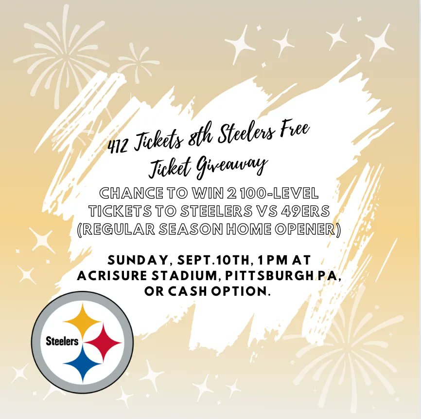 412Tickets's tweet image. #SteelersFreeTicketGiveaway
Chance to win 2 Free 100-Level Tickets vs 49ers Sun 9/10 Home Opener or
$100 via Cash App/Paypal
Giveaway starts Now ends Mon 7/3 at 11:59pm ET
Follow, RT &amp;amp; TAG FRIENDS
You can Enter on our FB &amp;amp; IG @412Tickets too
WINNER AGREES TO ATTEND GAME IN PERSON