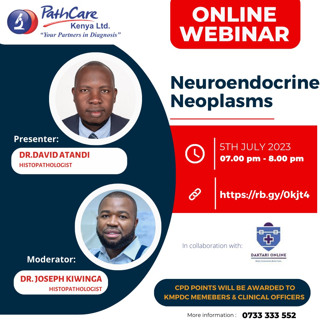 PathcareKenya's tweet photo. Join us this Wednesday, 5th July 2023, for a webinar on "Neuroendocrine Neoplasms" from 7:00PM - 8:00PM

🔗 https://t.co/JhGcIYdvdK

Presenter👨🏻‍⚕️: Dr. David Atandi
Moderator👨🏻‍⚕️: Dr. Joseph Kiwinga

Register today!

#LearnWithPathCare
#PathToCare https://t.co/LHQgyRdg1L