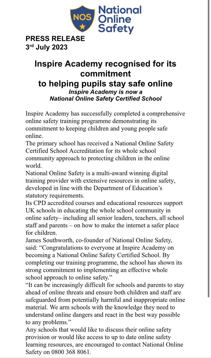 We are proud to announce that @Inspire_Ashton has today been awarded with @natonlinesafety accreditation! This has involved lots of hard work & dedication from staff, parents & governors in completing up to date training so we are best prepared to keep our children safe online 💻