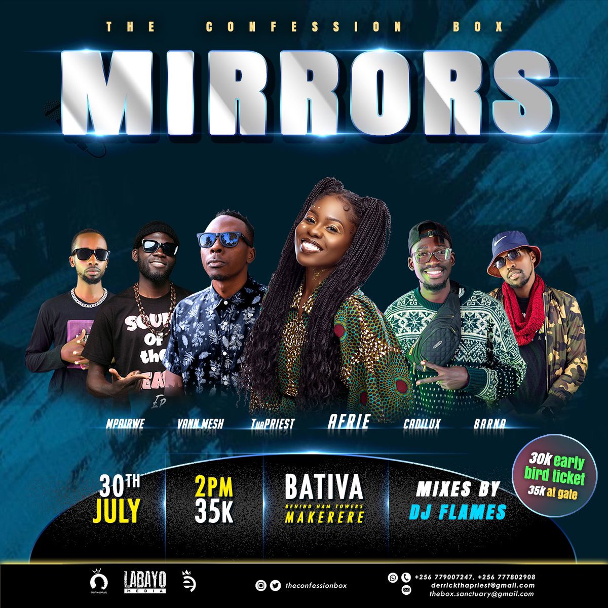 ThaPriestMusic's tweet photo. An early invite to the next Confession Box! Mark the date July 30th 📬🤗🎶 #Kalango @afriecangal will be headlining this one #Steady 30k for early bird ticket and 35k at the gate.
#Mirrors #NoSeminary https://t.co/ZdHuj0afGH