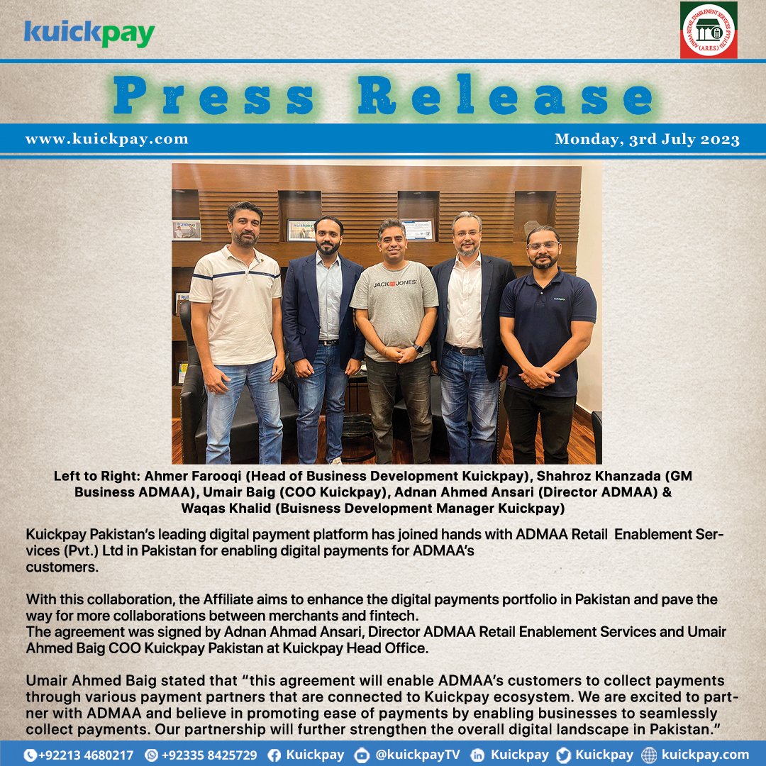 kuickpay's tweet photo. Kuickpay and Admaa Retail Enablement Services - Pvt. Ltd Unveil Exciting Partnership to Transform Digital Payments #Kuickpay #AdmaaRetailEnablement #digitalpayments #onlinepayments #Fintech #onlinepaymentsplatform #digitizingPakistan #Pakistan https://t.co/4n1sLKIJta