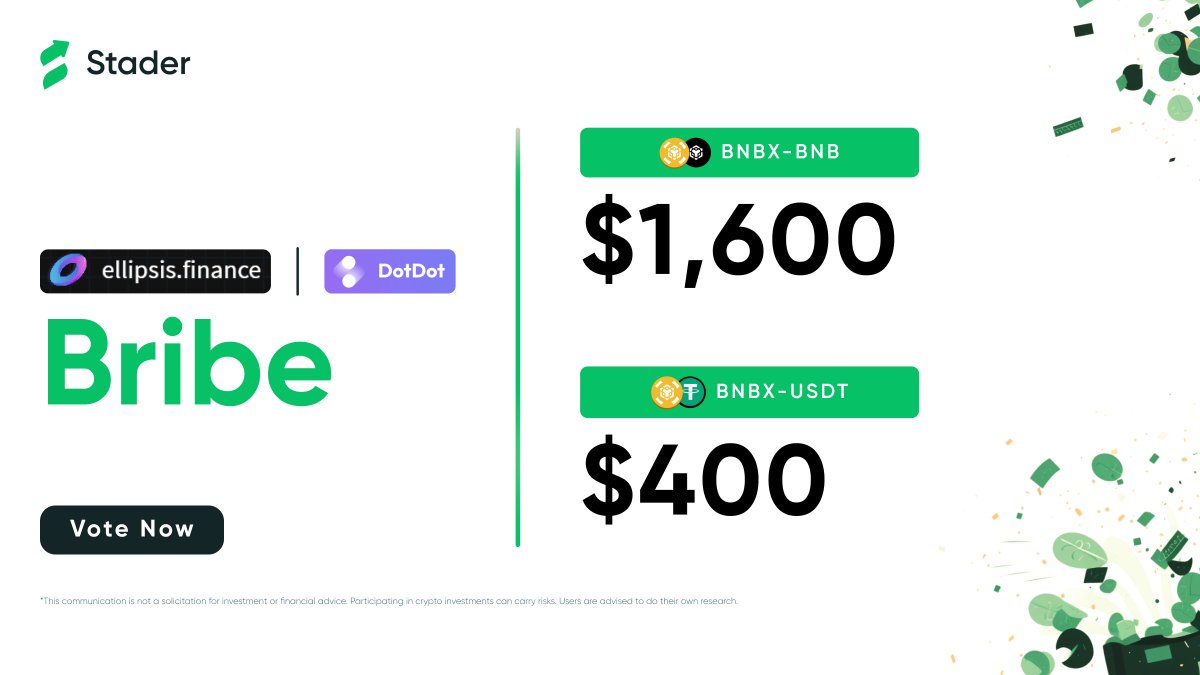 Stader.BNB (@stader_bnb) on Twitter photo π° Massive $2000 incentive pool at @EllipsisFi (<a href="/DotDotDotFi/">Dot Dot Finance</a> )
Be sure not to miss this golden opportunity!
Cast your vote for the $BNBx pools and earn phenomenal rewards! β Time's ticking away...
Make your vote count now! π³οΈ
bit.ly/439U8aX π° Massive $2000 incentive pool at @EllipsisFi (<a href="/DotDotDotFi/">Dot Dot Finance</a> )
Be sure not to miss this golden opportunity!
Cast your vote for the $BNBx pools and earn phenomenal rewards! β Time's ticking away...
Make your vote count now! π³οΈ
bit.ly/439U8aX