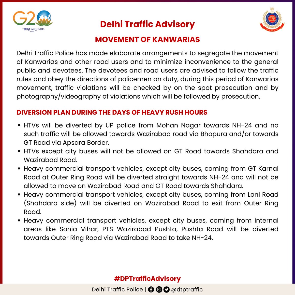 dtptraffic's tweet photo. Traffic Advisory

In view of the movement of Kanwar devotees from adjoining states to Gangotri Dham &amp; Haridwar via Delhi, #DelhiTrafficPolice has made elaborate traffic arrangements to minimise inconvenience to commuters &amp; devotees. Kindly follow the advisory.

#DPTrafficAdvisory https://t.co/MaHFRhcbMZ