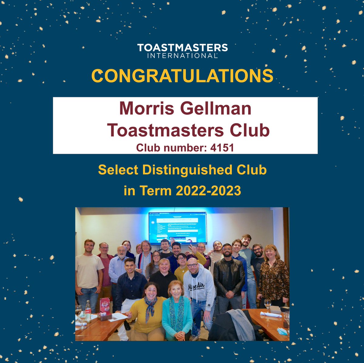 ToastmastersMG's tweet photo. ๐ฅณCongratulations to the Morris Gellman Toastmasters Club for achieving the esteemed status of a Select Distinguished Club!๐๐...#toastmastersargentina #toastmastersinternational #toastmasters #toastmastersclub #toastmastersfamily #toastmastersmeeting #toastmasterspathways https://t.co/8N6p0cSb7g